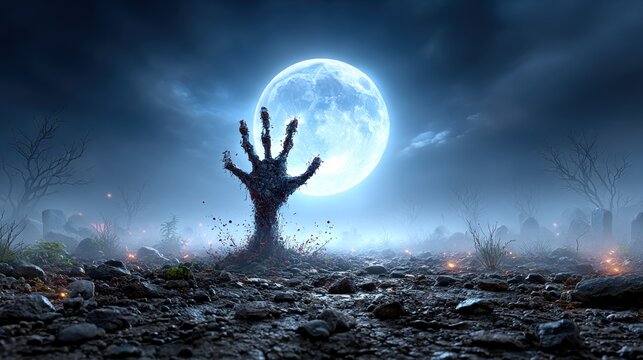 Zombie hand emerging from grave at night