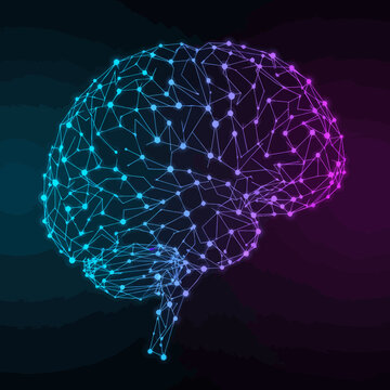 A stylized, glowing illustration of a human brain composed of interconnected nodes and lines.