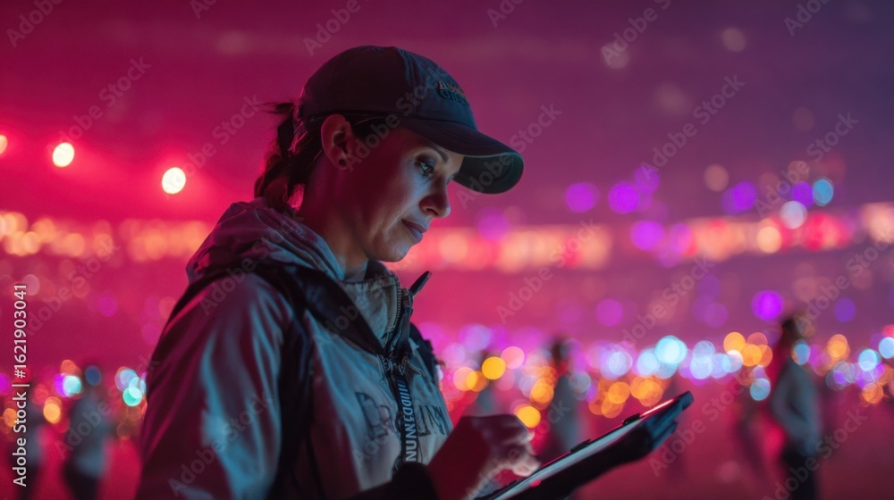 Poster medium shot of a lead drone operator concentrating on a tablet with outoffocus volunteers rehearsing