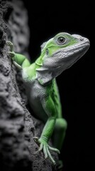 Fototapeta premium Vibrant Green and White Lizard on Dark Gray Rock
