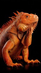 Fototapeta premium Vibrant Orange Iguana Close Up Against Black Background