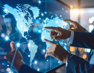Diverse Hands on Transparent Touchscreen: Global Business Network Map. Connectivity, Collaboration & Futuristic Business