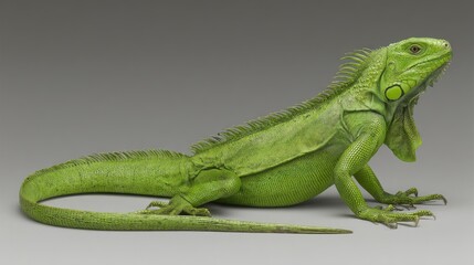 Green Iguana Reptile Profile Detailed Scales and Texture on Gray Background