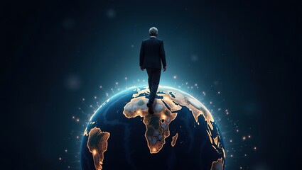 Man Walking on Glowing Earth, Exploring a Connected Digital World