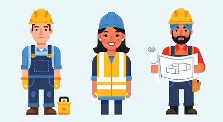 Fototapeta premium Diverse construction workers team showcasing various roles in building projects