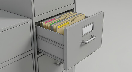 A detailed 3D illustration of an open metal filing cabinet drawer filled with organized folders and documents for data archiving.