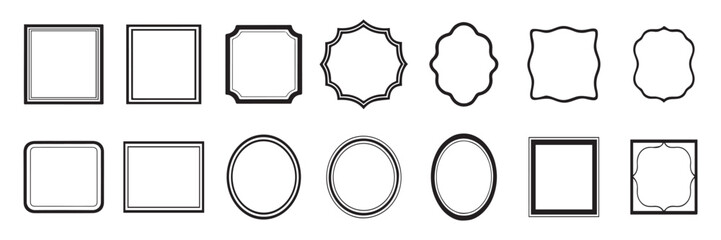 Hand drawn style outline frame set with wavy scalloped rectangular and oval border