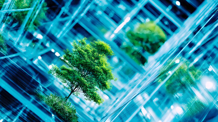 Modern Office Facade with Reflective Green Glass Panels Close-Up