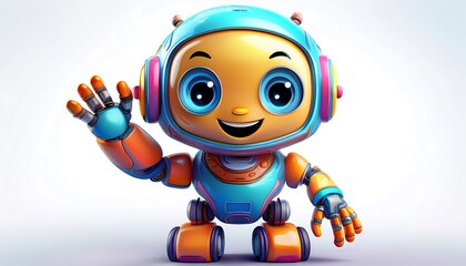 Fototapeta premium Happy Robot Waving Hand - Cute 3D AI Character Greeting on White Background