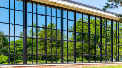 Modern Office Facade with Reflective Green Glass Panels Close-Up