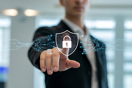 Man in suit touching digital shield with padlock and binary code finger