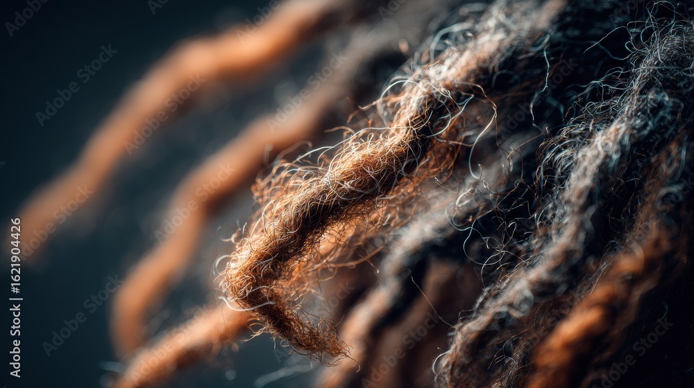 Poster close-up view of intricately crafted dreadlocks on a dark background showcasing texture and natural 