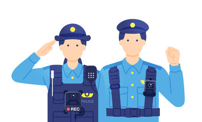 ウェアラブルカメラを付けた男性警官と敬礼する女性警察官 ボディカメラ装着した警察のベクターイラスト