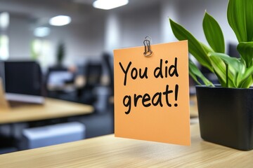 Encouragement sticky note saying "You did great!" in corporate environment