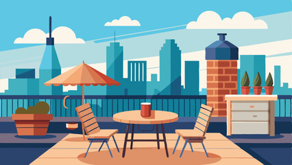 Fototapeta premium A rooftop terrace with a mix of wood and metal furniture surrounded by a view of the city skyline and industrial chimneys.