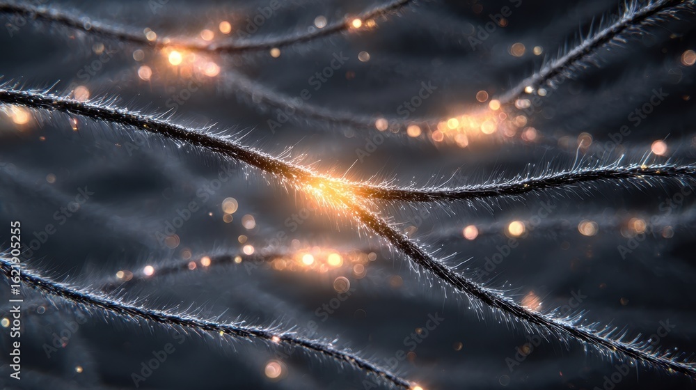 Poster dynamic digital rendering of dendritic spines shining brighter with electric pulses through the nigh