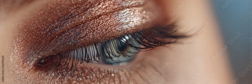 Aufkleber close-up of shimmering eyeshadow reflecting soft light with blurred background and open side