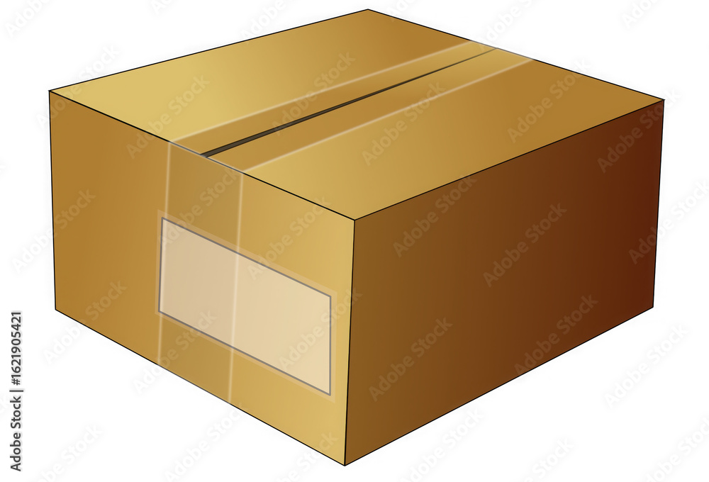 Poster a single brown cardboard shipping box with tape and a label presented as an isolated object on a tra