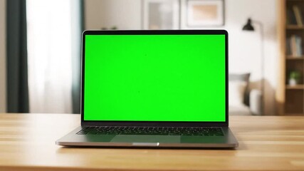 Modern laptop computer with a blank chroma key green screen display on a wooden table in a contemporary home office interior.