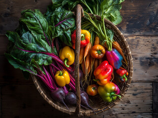 Colorful Farm Produce with Rainbow Bell Peppers in Rustic Woven Basket