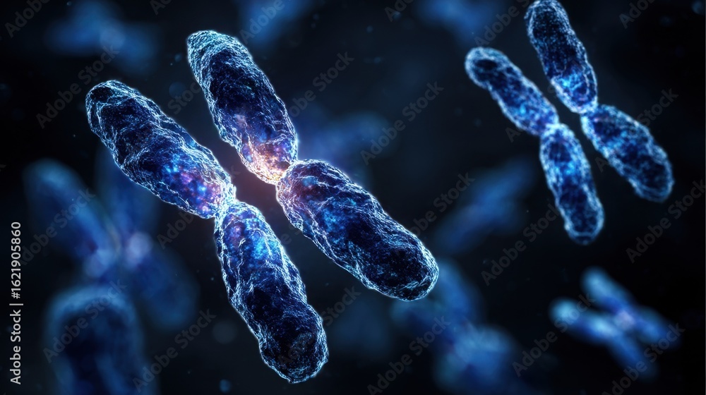 Poster microscope view of chromosomes with a glowing third copy of chromosome 21 representing genetic mutat