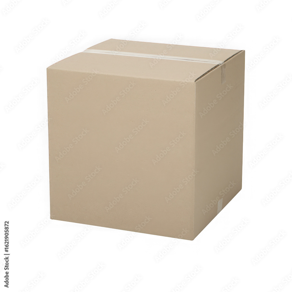 Poster a simple light brown cardboard cube or box with a slightly open top and clear tape on the seam isola
