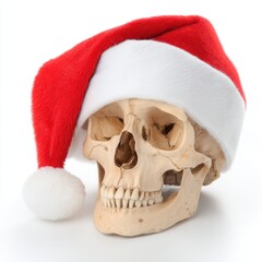 Human Skull in Santa Hat on White Background