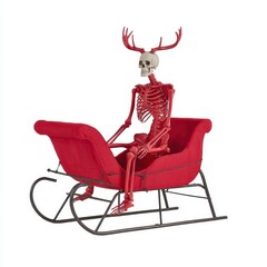 Humorous Skeleton in Red Sleigh with Antlers