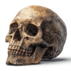 Weathered Tan Human Skull on White Background