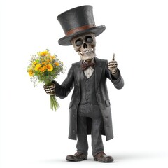 Cheerful Cartoon Skeleton in Suit with Flowers