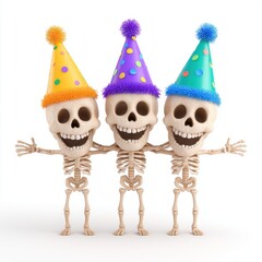 Three Cheerful Cartoon Skeletons in Party Hats Embrace on White Background