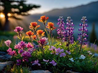 Vibrant wildflowers at sunrise