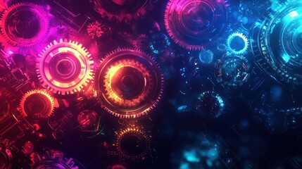 Abstract digital gears in vibrant neon colors