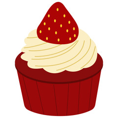 A simple illustration of a red velvet cupcake with cream frosting and a strawberry on top.