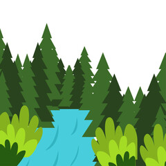 A stylized illustration of a river flowing through a dense pine forest with green bushes in the foreground.