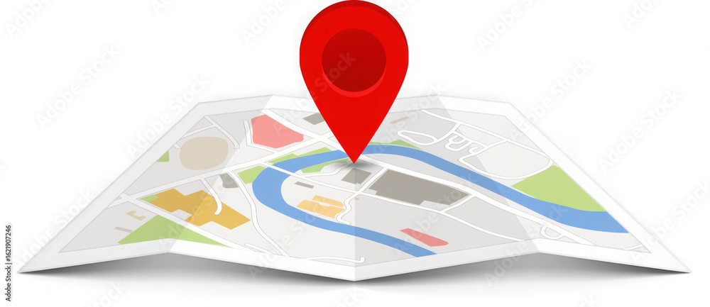 Poster red map pin marker icon placed on a folded paper map showing a river and city streets isolated on tr