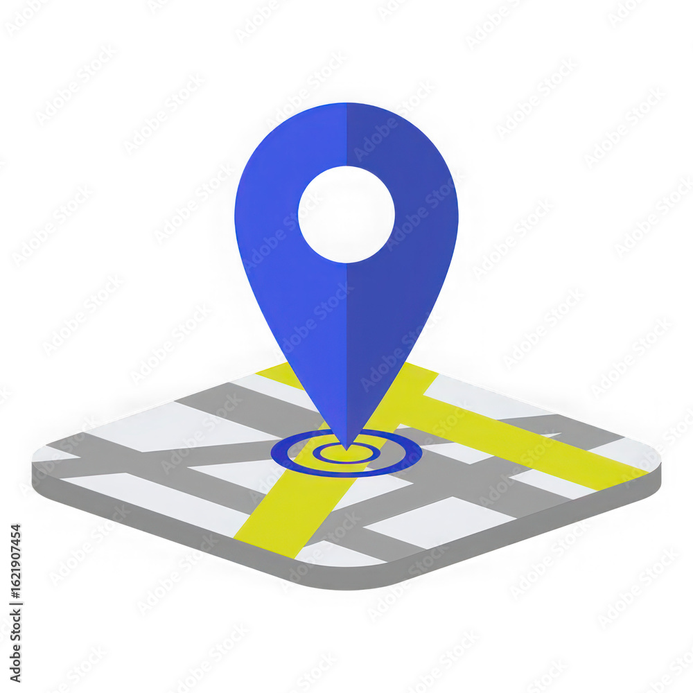 Poster blue map marker pin icon placed on a stylized isometric map with yellow and grey roads isolated on t