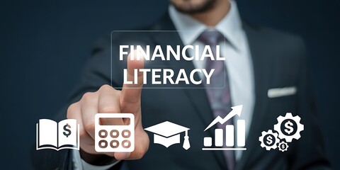 Man touching screen with financial literacy icons and text education learning
