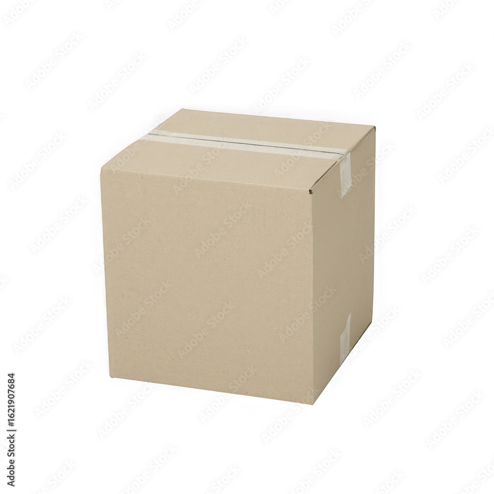 Poster a simple brown cardboard shipping box with tape on the seams presented isolated on a transparent bac