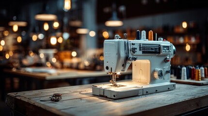 Fototapeta premium Vintage sewing machine on wooden table in creative workshop