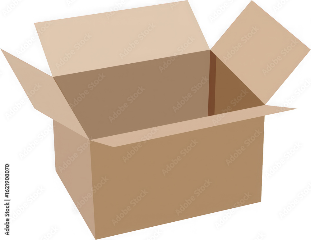 Poster an empty open brown cardboard shipping box with its flaps extended upwards and outwards isolated on 