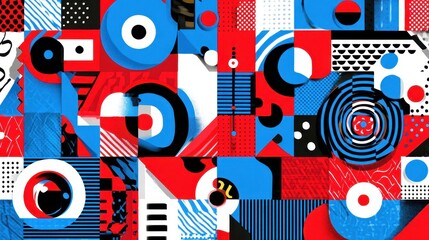 A vibrant abstract design composed of geometric shapes.