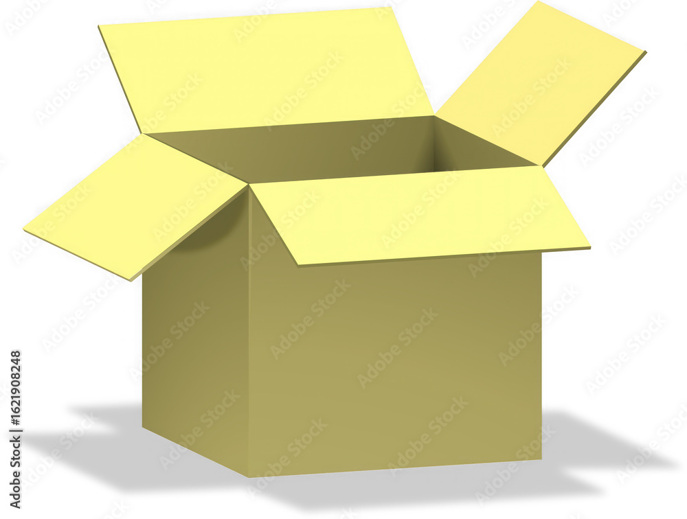 Poster open cardboard box with flaps extended upwards ready for packing or shipping isolated on transparent