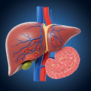 a liver affected by Budd-Chiari Syndrome, showing blockages or narrowing within the hepatic veins, represented by constricted or turbulent areas in the venous network, impacting blood outflow.