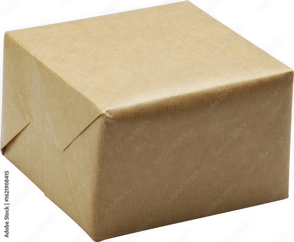 Poster a simple brown paper wrapped cube shaped package or gift box with folded corners isolated on transpa