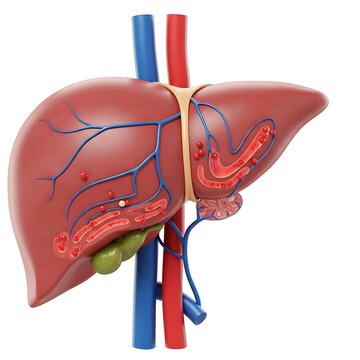 a liver affected by Budd-Chiari Syndrome, showing blockages or narrowing within the hepatic veins, represented by constricted or turbulent areas in the venous network, impacting blood outflow.