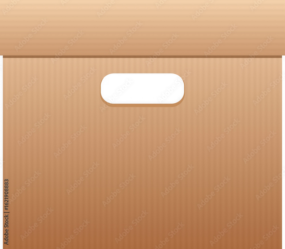 Poster close up of a brown cardboard storage box with a cutout handle on a clean transparent background iso