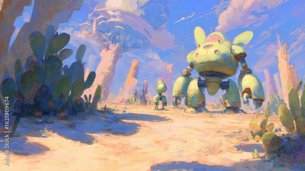 Poster desert landscape with large robots and cacti.