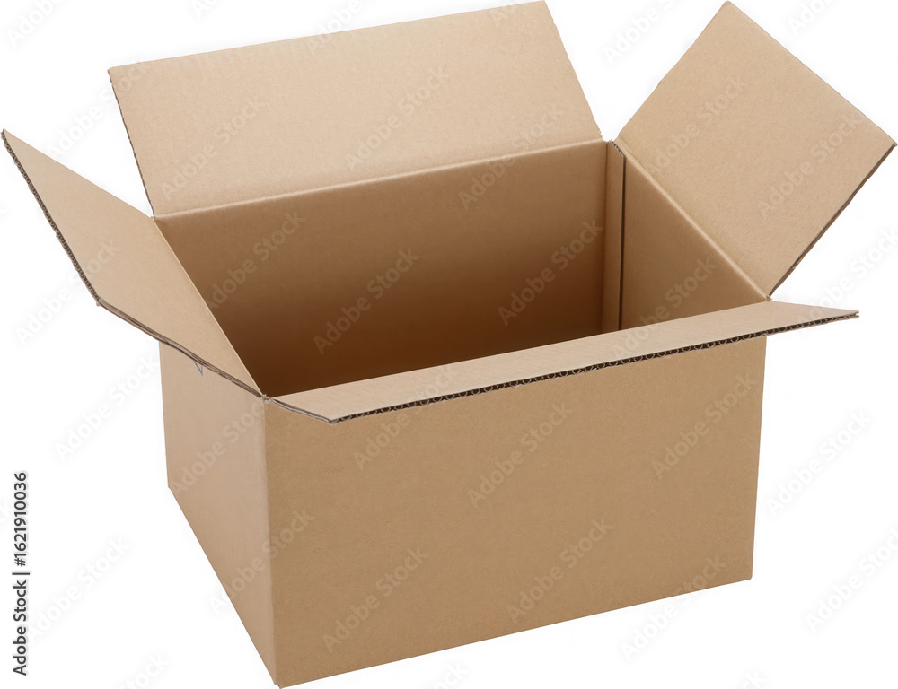 Poster an empty open cardboard box made of corrugated paper material with its flaps extended isolated on tr