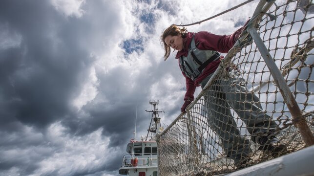Sea scientist collecting plankton samples by lowering collection nets off research ship deck under cloudy sky contributing to marine conservation and environmental monitoring.